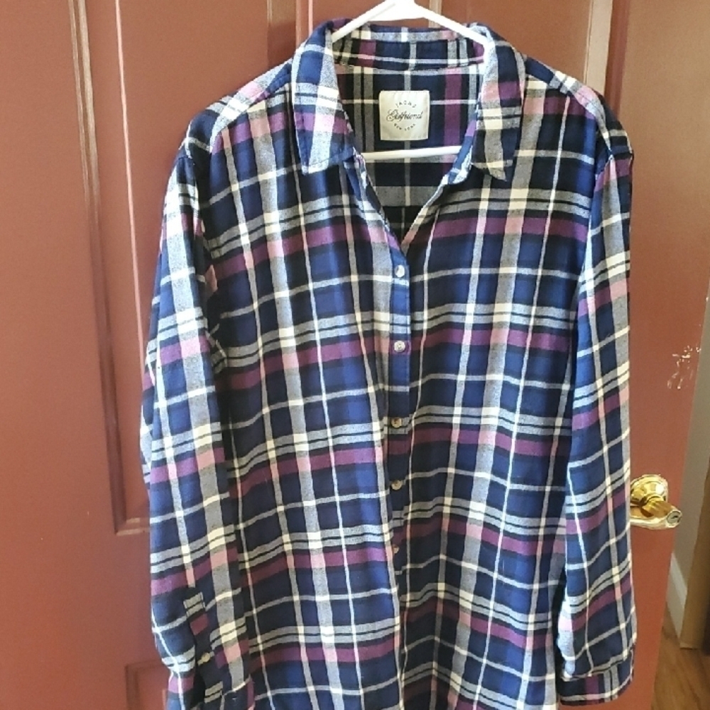 JACHS Girlfriend  Plaid Flannel Blue and White Button Down Shirt